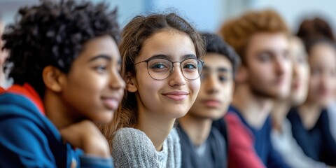 Obraz premium Group of diverse students in a classroom debate, close-up on varied expressions and animated gestures, bright lighting emphasizes inclusive education