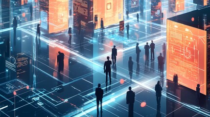 A futuristic marketplace where citizens use blockchain-secured digital wallets for seamless, secure transactions