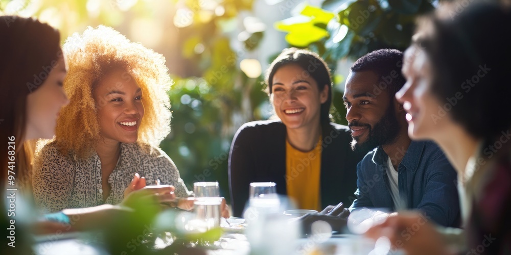 Poster Group of diverse professionals sharing ideas around a table, close-up on engaged faces, bright light captures the dynamic of multicultural teamwork