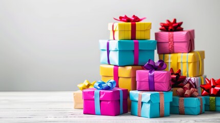 A lively stack of colorful gift boxes adorned with festive ribbons set against a white background