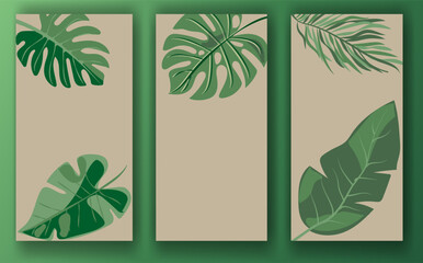 Set of three botanical-themed templates for social media posts, featuring green leaves on beige backgrounds, displayed against a green background. Concept of nature-inspired design