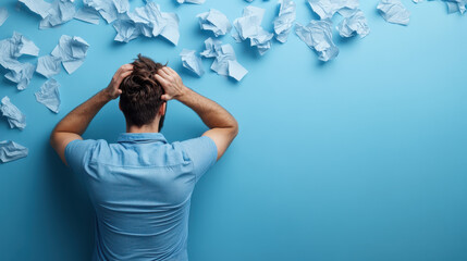 A man stands with his back to the camera, holding his head in frustration, surrounded by crumpled papers on the floor.