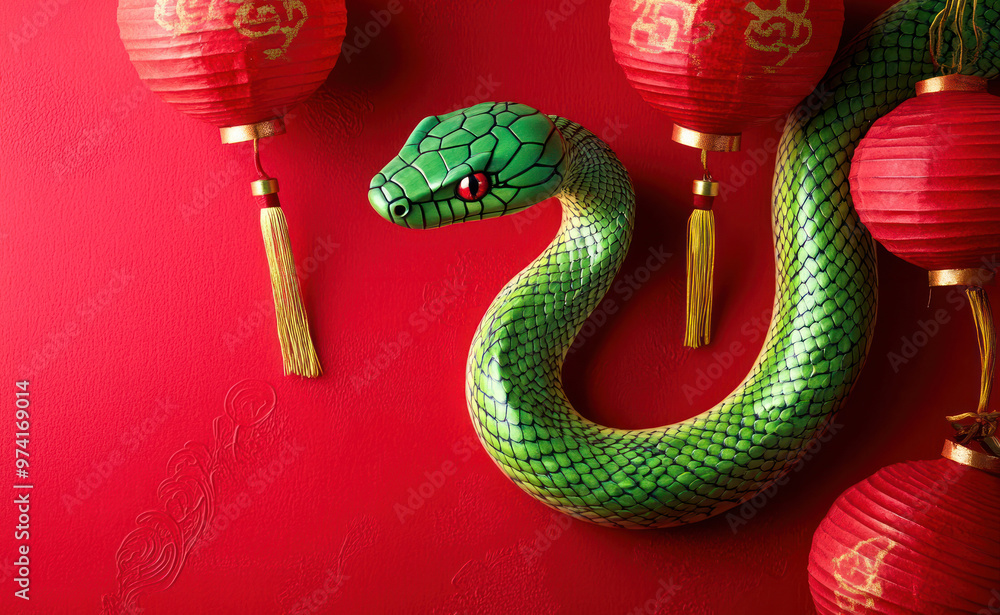 Wall mural green snake on red background with red lanterns in style of chinese new year 2025