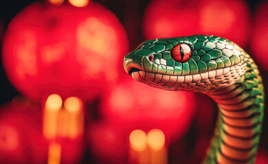 Fototapeta premium Green snake on red background with red lanterns in style of chinese new year 2025