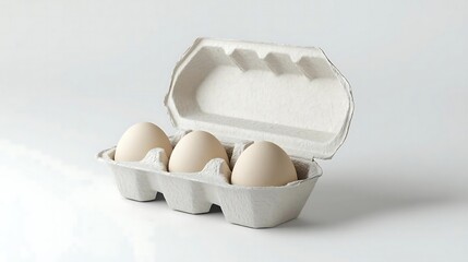 Three Eggs In Cardboard Carton   White Background