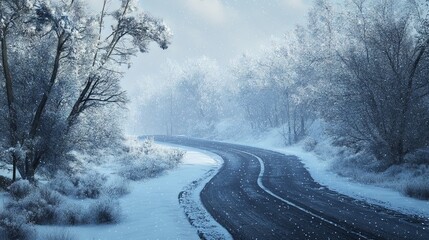 Winter snowy road along the forest