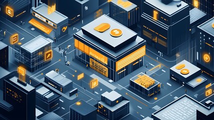 A bustling tech-driven marketplace where blockchain-powered payments ensure seamless, secure transactions