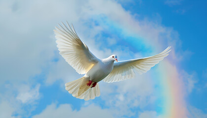 Fototapeta premium White dove flying with open wings in front of rainbow and sunlight. Symbol of love, peace, hope and freedom
