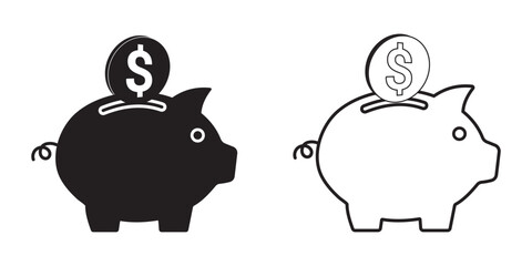 Piggy bank icon vector silhouette. Piggy bank saving money icon. Piggy bank and money.  Pig icon, moneybox vector, silhouette. Financial icon. Vector illustration.
