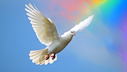 Obraz premium White dove flying with open wings in front of rainbow and sunlight. Symbol of love, peace, hope and freedom