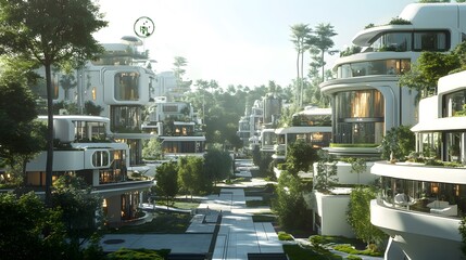 A futuristic residential district where blockchain secures data and IoT enhances home automation and connectivity