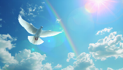 White dove flying with open wings in front of rainbow and sunlight. Symbol of love, peace, hope and freedom