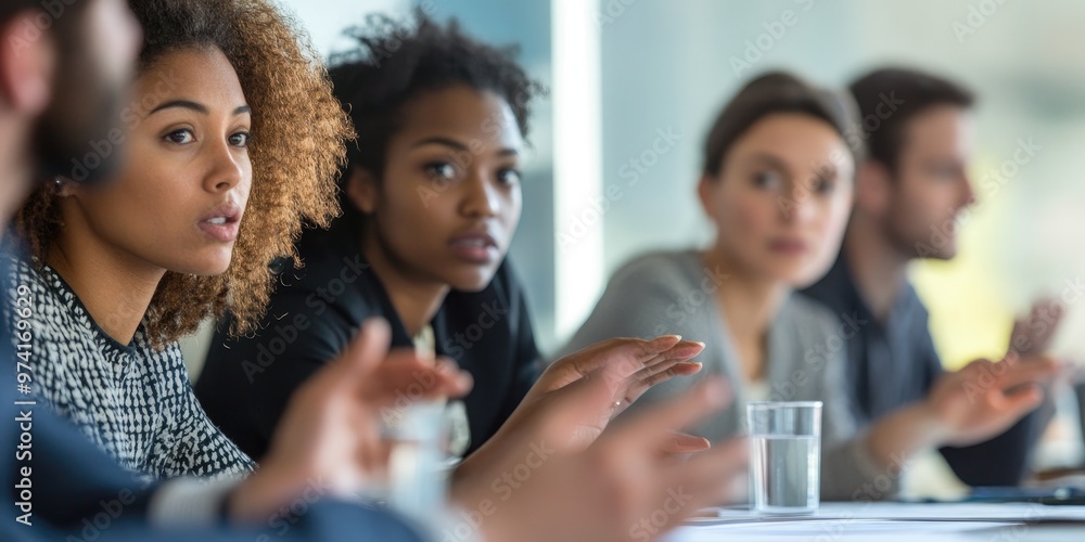 Poster diverse group in a roundtable discussion, close-up on serious expressions and engaged hands, bright 