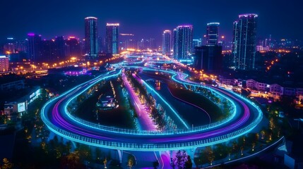 Fototapeta premium A smart city illuminated by IoT-driven infrastructure and blockchain-secured systems managing daily activities