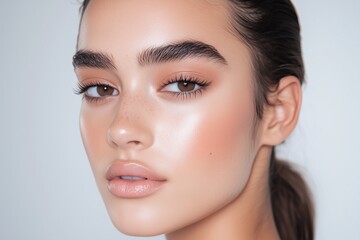 Fototapeta premium model with soft baddie makeup, featuring brown smokey eyes, defined cheekbones, and a matte neutral lip, paired with a sleek high ponytail