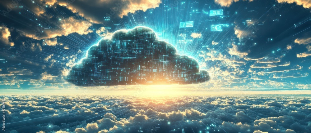 Poster digital cloud computing and data storage concept illustration