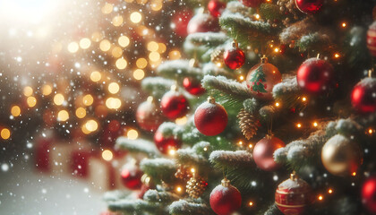 A decorated Christmas tree in a snowy setting featuring red and gold ornaments hanging from its branches in a soft blurred lights in the background