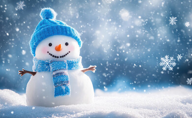 Fototapeta premium Happy smiling snowman wearing blue cap and scarf, snow falling, winter greeting invitation card banner illustration background, copy space, holiday season. Happy New Year poster, snowflake, December