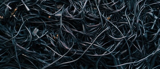close-up of tangled black cable chaos background.