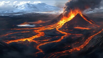 Aerial view of a volcano erupting with lava flowing down the mountainside.