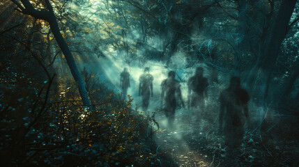 A group of translucent figures, floating in the air like ghosts and spirits on an ancient forest path