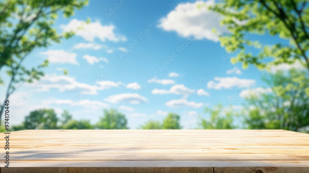 Poster empty wooden tabletop with blurred trees and blue sky background