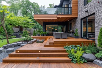 Fototapeta premium A modern backyard with a sleek wooden deck, cozy patio seating, and lush greenery, creating an inviting and serene outdoor space.