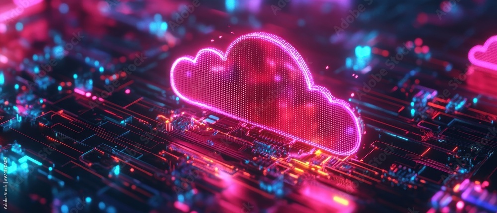 Poster futuristic cloud computing network with neon glow and digital data flow
