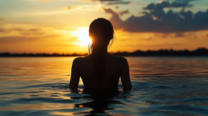 Silhouette of a Woman in the Water at Sunset