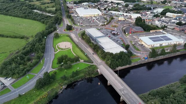 Aerial view of Lifford Road, A5 bridge and Let the dance Begin in Strabane in Northern Ireland