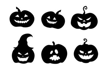 Halloween collection set for decoration. Stickers print with pumpkins. Vector illustration, silhouettes isolated on white background.