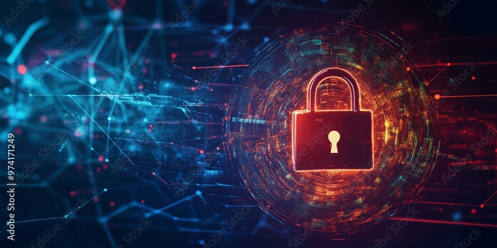 Poster cyber security and protection concept with blue futuristic background with a red lock and copy space