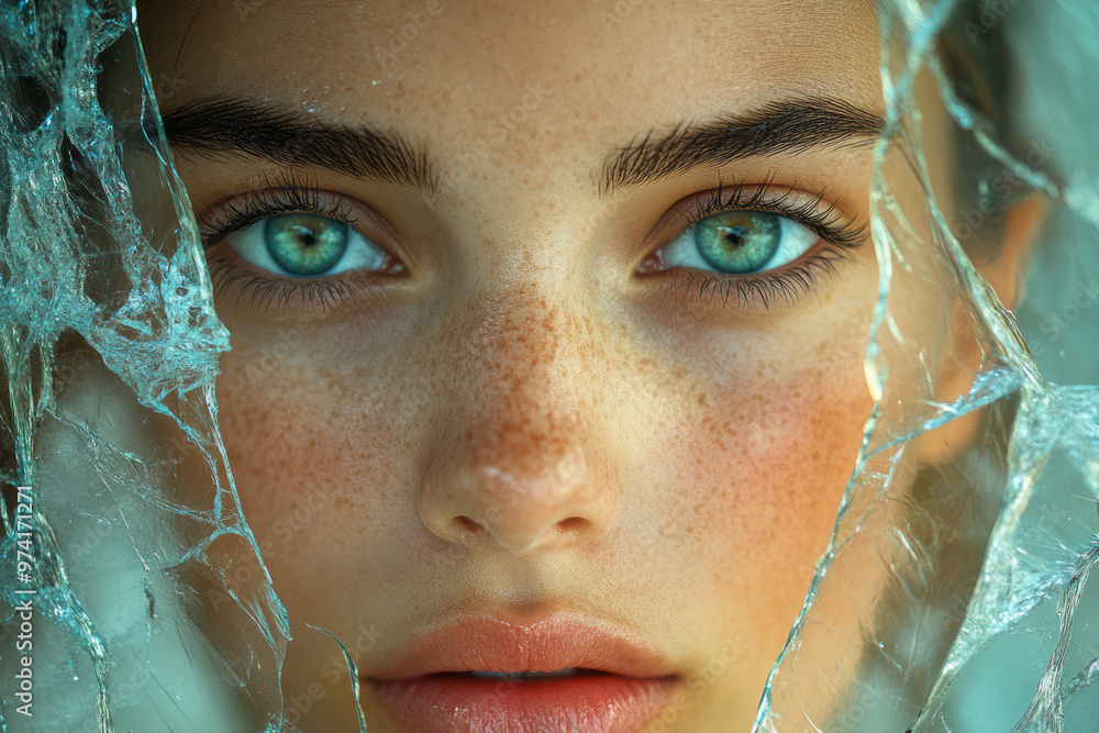 Poster A face emerging from overlapping layers of translucent glass shards,