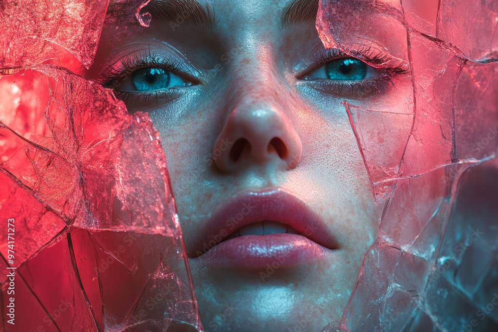 Poster A face emerging from overlapping layers of translucent glass shards,