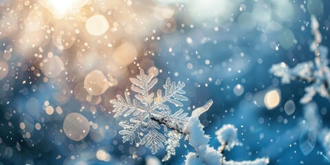 Fototapeta premium A Delicate Snowflake Glistens in the Winter Sunshine, Capturing the Beauty of a Frosty Day.