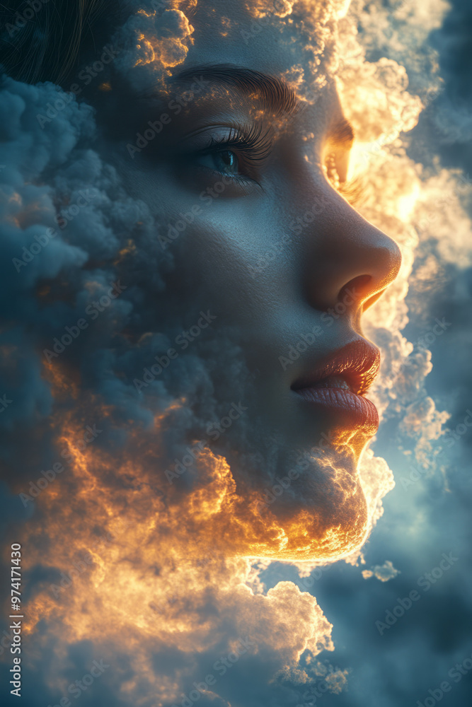 Poster A face outlined by overlapping layers of clouds and sky,