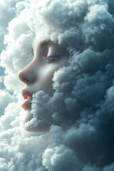 A face outlined by overlapping layers of clouds and sky,