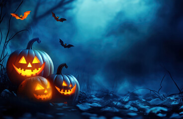 Naklejka premium Halloween background with pumpkins halloween jack-o-lantern festival and bats in the night, space for text