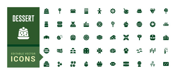 Dessert icon set. Contains such icons as cake, sweet, sweet waffle and more. Glyph icon collection for web and ui. Filled icon pack, editable stroke. Solid icon set. Vector illustration.