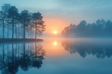 Obraz premium A blanket of fog over a calm lake at dawn
