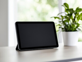 Fototapeta premium Blank Screen Tablet Next to Green Plant in Modern Office 