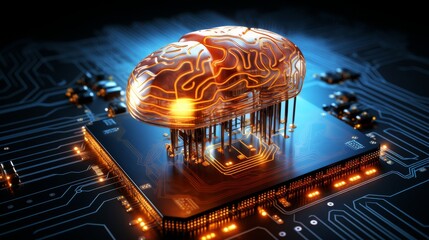 Conceptual visualization of artificial intelligence  glowing wireframe brain on circuit board