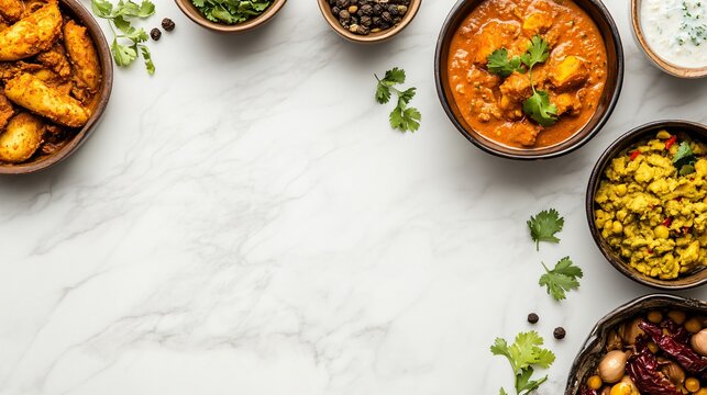 Top view of assorted bowls of Indian food on a marble countertop with copy space in the middle.