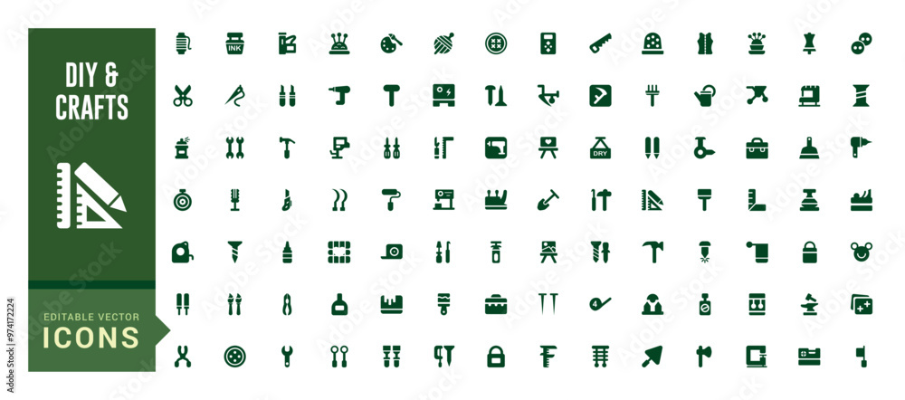 Poster set of filled and diy crafts icons set. icon with diy crafting icons. glyph icon collection for web 