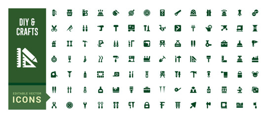 Set of filled and diy crafts icons set. Icon with diy crafting icons. Glyph icon collection for web and ui. Filled icon pack, editable stroke. Solid icon set. Vector illustration.