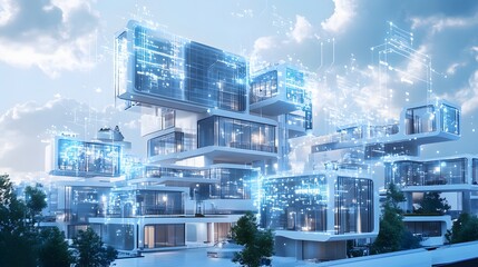 A futuristic residential complex where blockchain secures personal data and IoT devices optimize smart home living