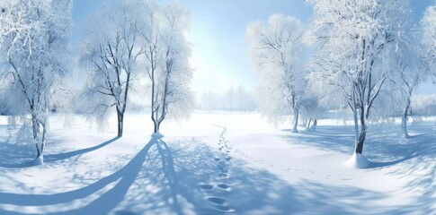 Fototapeta premium A Tranquil Winter Landscape with Snow-Covered Trees and Footprints in the Fresh Powder.