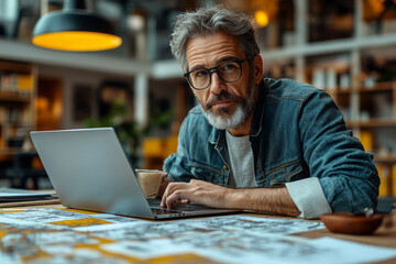 An architect reviewing 3D models on a laptop with espresso,