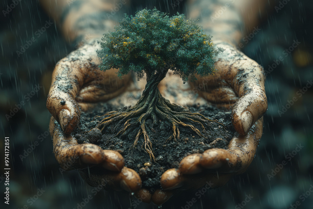 Poster a tree growing out of open palms with roots wrapping around the hands,