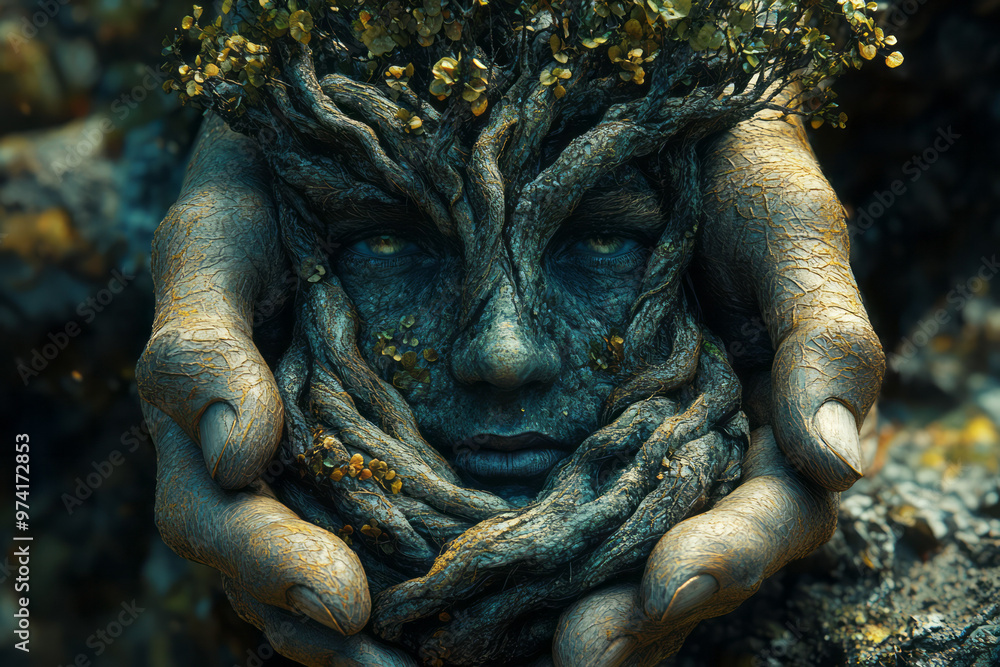 Poster a tree growing out of open palms with roots wrapping around the hands,